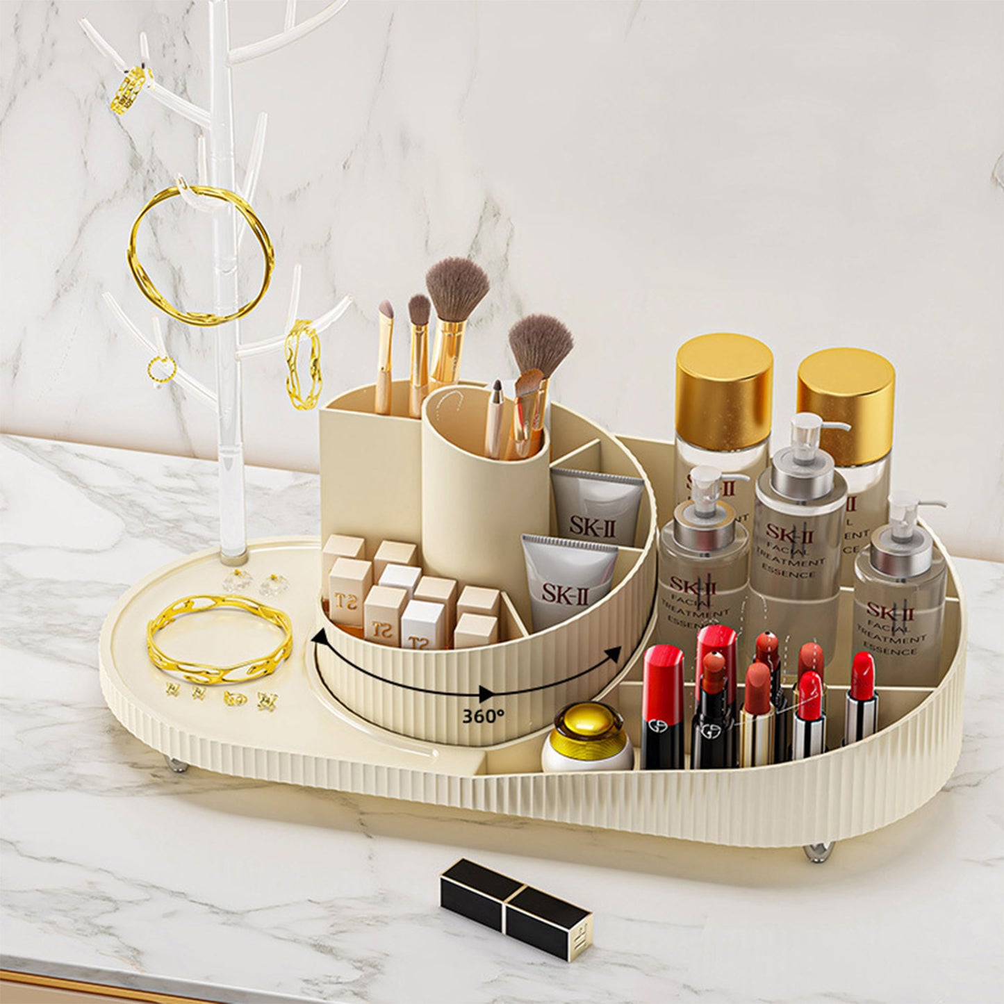 Rosavie Rotating Makeup Organizer with Jewelry Storage – Large Capacity 360° Spinning Cosmetic Display Case White L