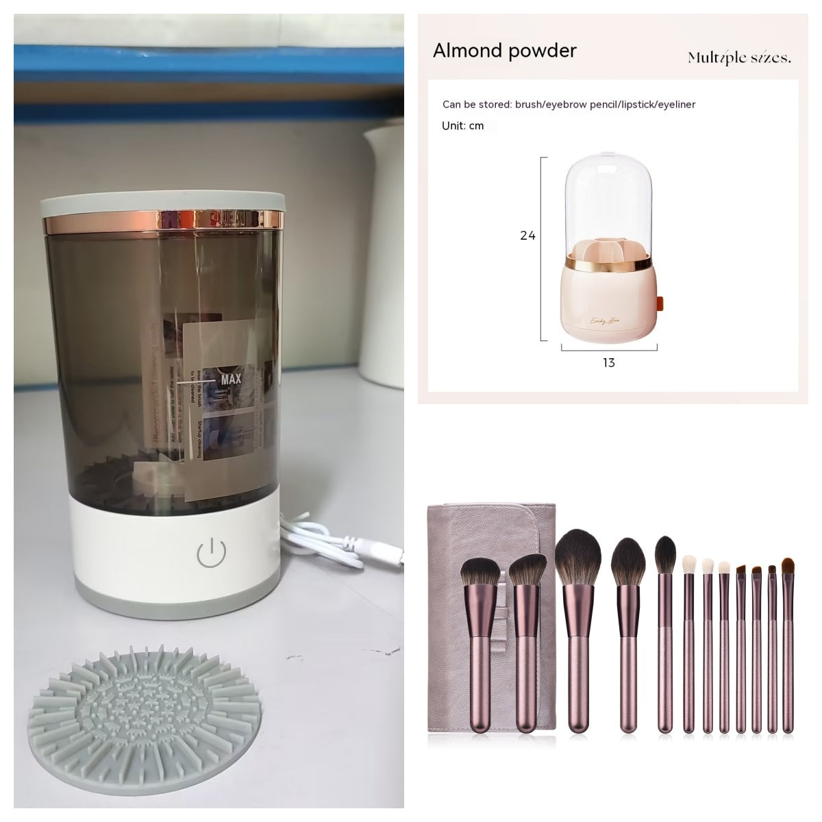 Rosavie Rosavie Electric Makeup Brush Cleaner – Portable USB Charging Device | Automatic Brush Spinner & Dryer Grey and white set2 USB
