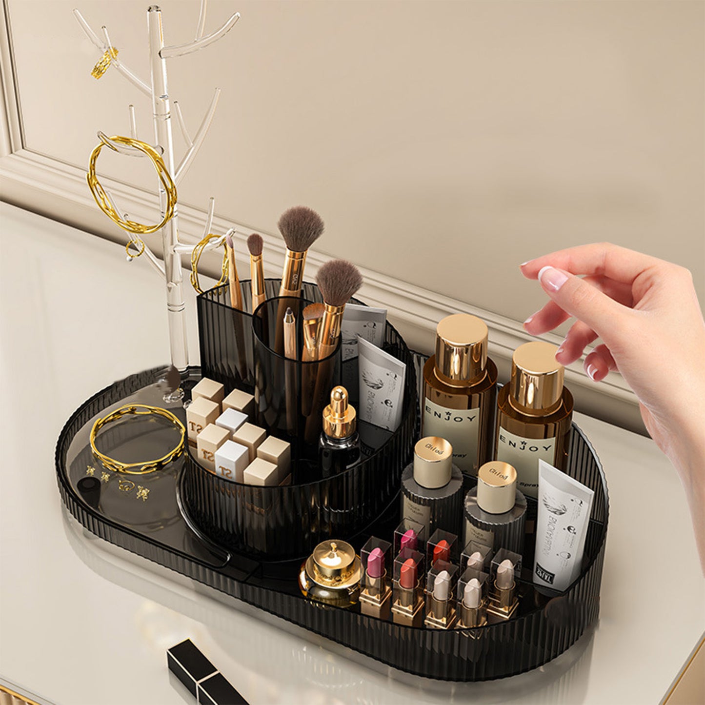 Rosavie Rotating Makeup Organizer with Jewelry Storage – Large Capacity 360° Spinning Cosmetic Display Case Black L
