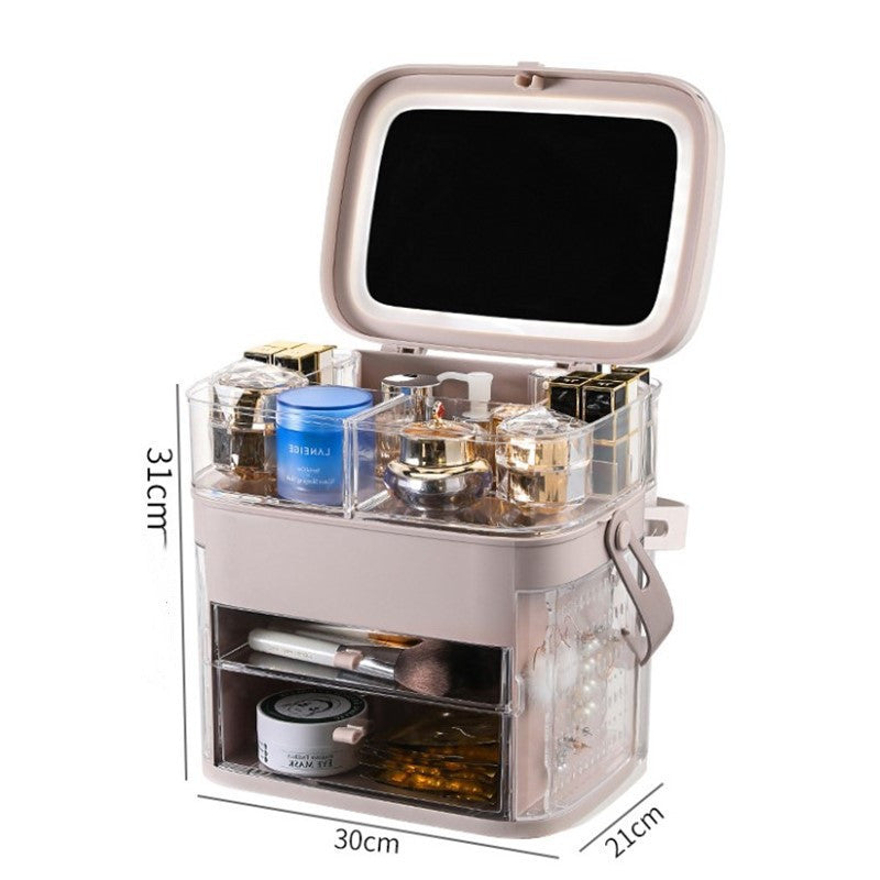 Rosavie Luxury LED Makeup Organizer Box with Mirror & Jewelry Storage – TikTok Viral Cosmetic Storage Case for Skincare, Dressing Table & Tabletop