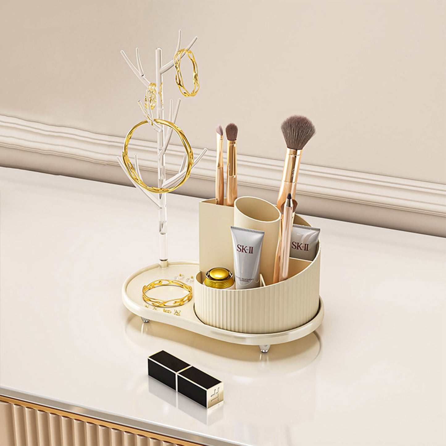Rosavie Rotating Makeup Organizer with Jewelry Storage – Large Capacity 360° Spinning Cosmetic Display Case White S