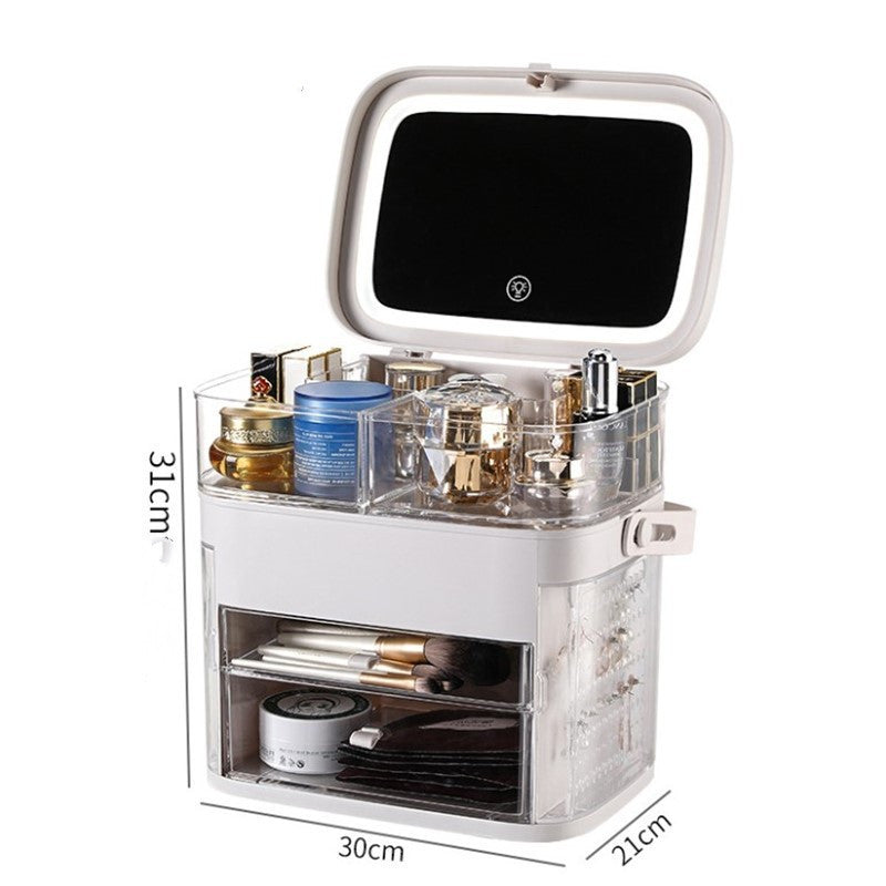 Rosavie Luxury LED Makeup Organizer Box with Mirror & Jewelry Storage – TikTok Viral Cosmetic Storage Case for Skincare, Dressing Table & Tabletop