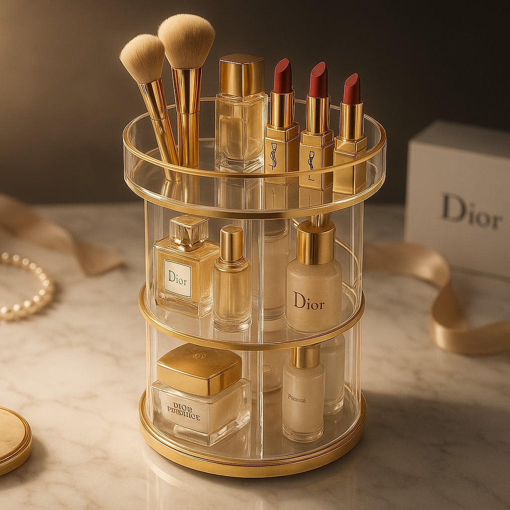 Rosavie Rotating Makeup Organizer with Jewelry Storage – Large Capacity 360° Spinning Cosmetic Display Case