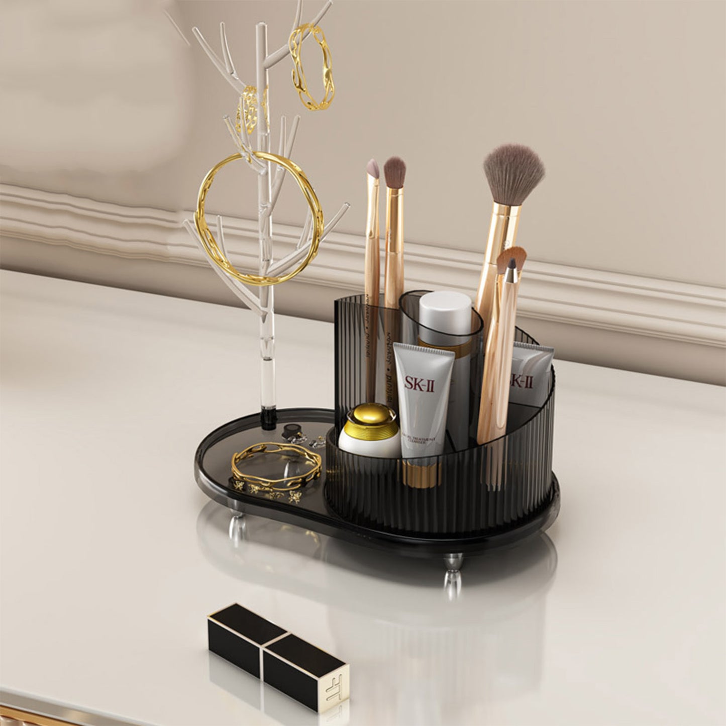 Rosavie Rotating Makeup Organizer with Jewelry Storage – Large Capacity 360° Spinning Cosmetic Display Case Black S