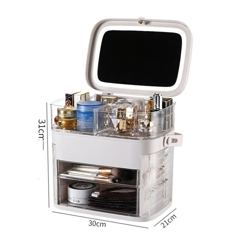Rosavie Luxury LED Makeup Organizer Box with Mirror & Jewelry Storage – TikTok Viral Cosmetic Storage Case for Skincare, Dressing Table & Tabletop Large regular Pink Without light