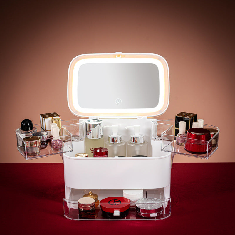 Rosavie Luxury LED Makeup Organizer Box with Mirror & Jewelry Storage – TikTok Viral Cosmetic Storage Case for Skincare, Dressing Table & Tabletop