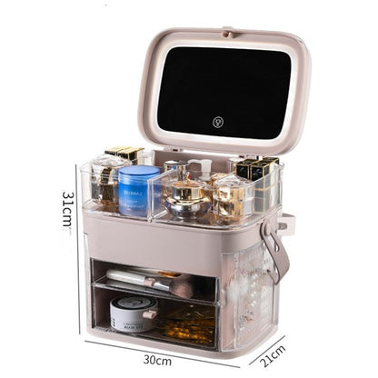 Rosavie Luxury LED Makeup Organizer Box with Mirror & Jewelry Storage – TikTok Viral Cosmetic Storage Case for Skincare, Dressing Table & Tabletop