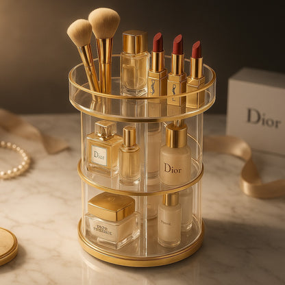 Rosavie Rotating Makeup Organizer with Jewelry Storage – Large Capacity 360° Spinning Cosmetic Display Case