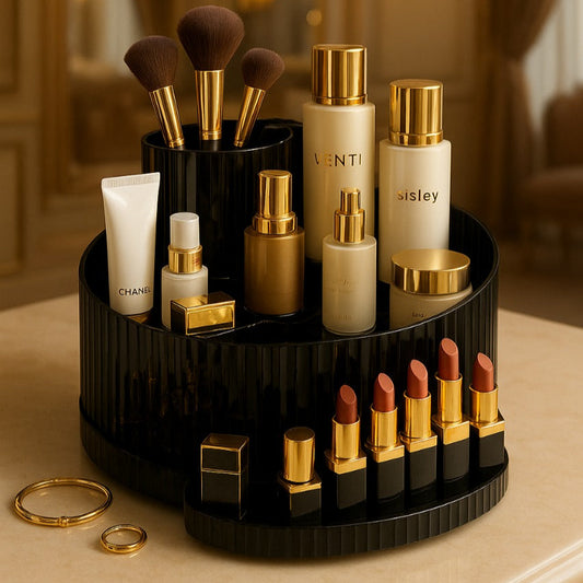 Rosavie Rotating Makeup Organizer with Jewelry Storage – Large Capacity 360° Spinning Cosmetic Display Case