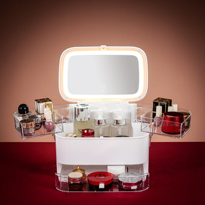 Rosavie Luxury LED Makeup Organizer Box with Mirror & Jewelry Storage – TikTok Viral Cosmetic Storage Case for Skincare, Dressing Table & Tabletop